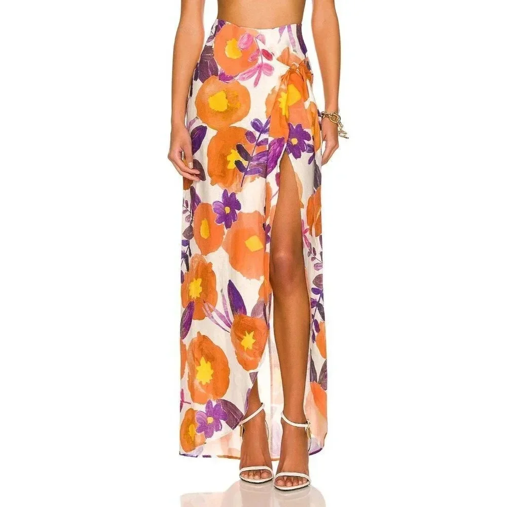 Raisa Vanessa Slit Detail Floral Skirt in Yellow & Purple 36 2-4 New Womens Maxi